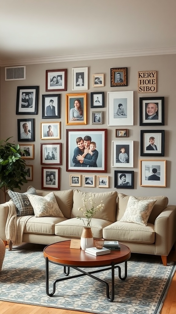 A cozy living room featuring a personalized family gallery wall with various framed photographs.