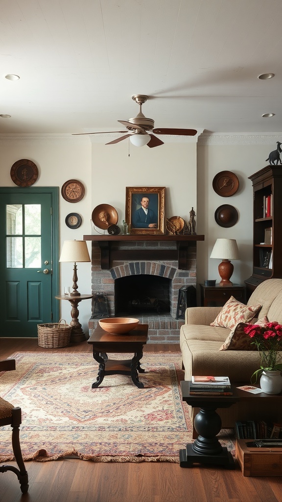 Cozy living room with family heirlooms, featuring a portrait over a rustic brick fireplace and vintage decor.