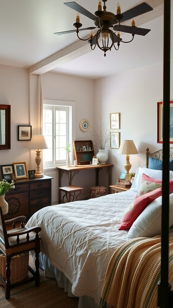 Cozy French cottage bedroom with personalized family heirlooms and warm decor.