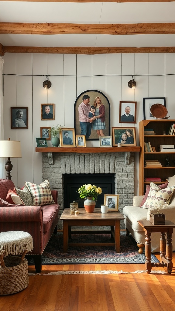 Cozy living room with family photos, a fireplace, and floral decor.