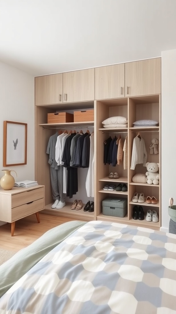 A stylish bedroom wardrobe with hanging clothes, shoes, and storage boxes, showcasing a cozy and organized space.