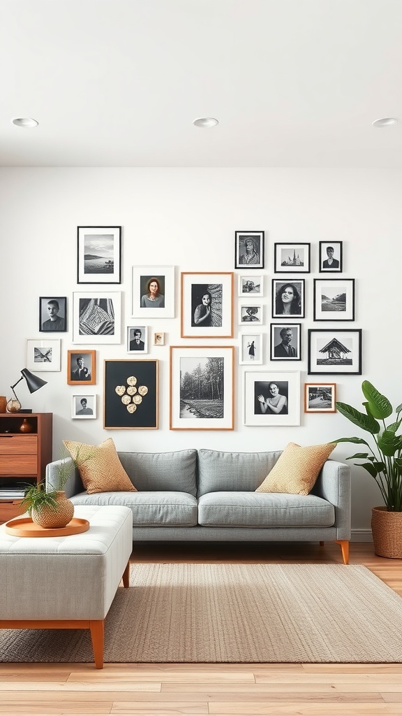 A cozy living room featuring a personalized gallery wall with various framed photos and artworks above a light gray sofa.