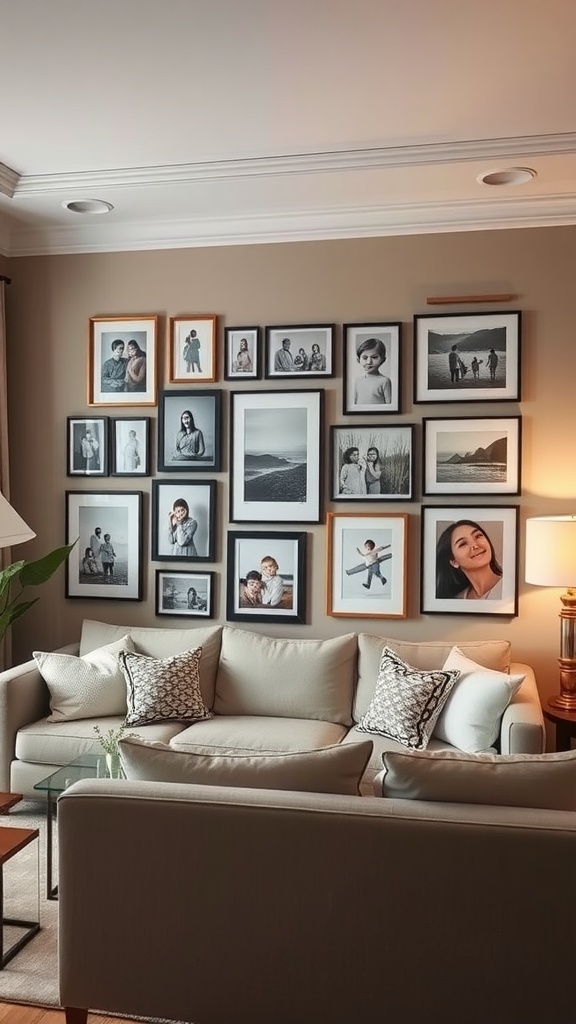 A cozy living room with a gallery wall of black-and-white framed photos above a light-colored couch.