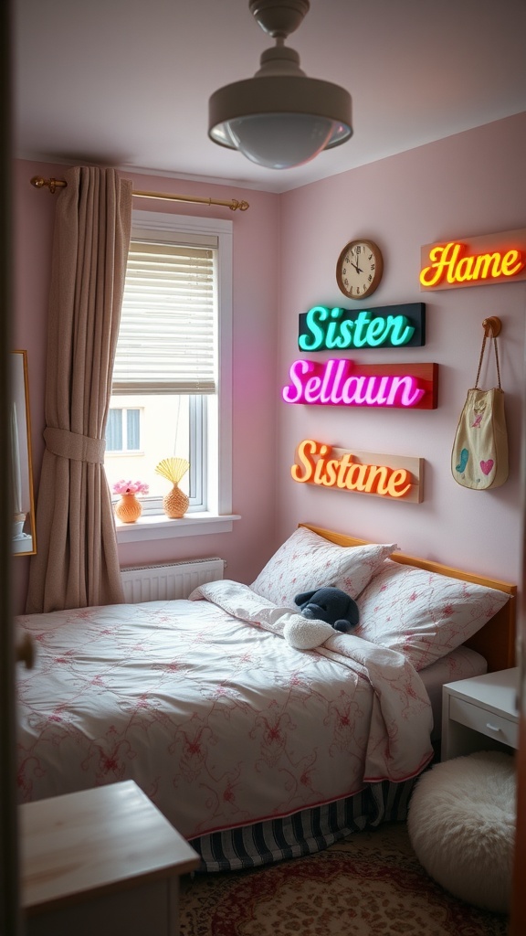 A cozy bedroom with personalized neon name signs for two sisters, showcasing a warm and inviting atmosphere.