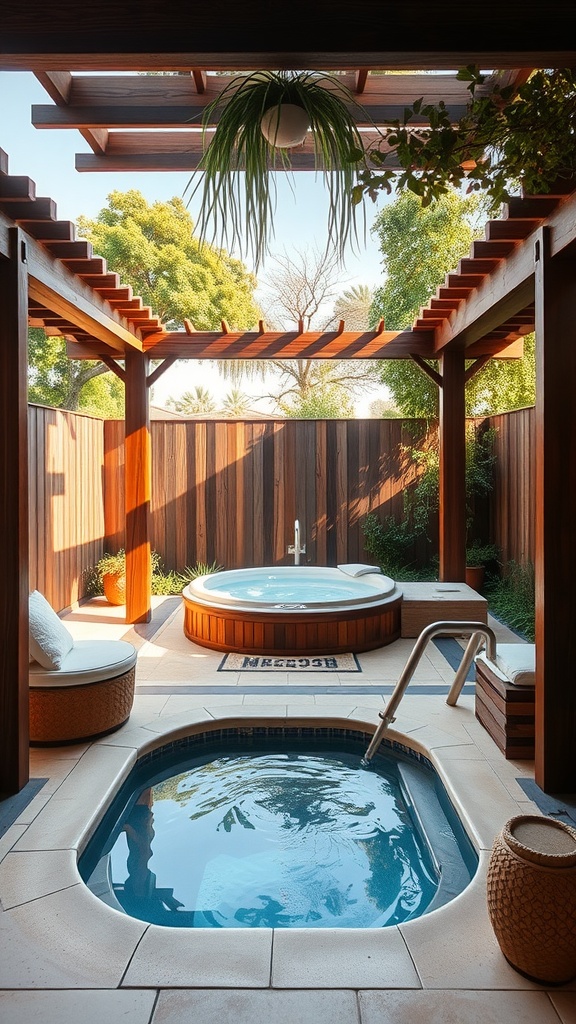 A serene outdoor spa retreat featuring a hot tub, small pool, and comfortable seating, surrounded by greenery and wooden structures.