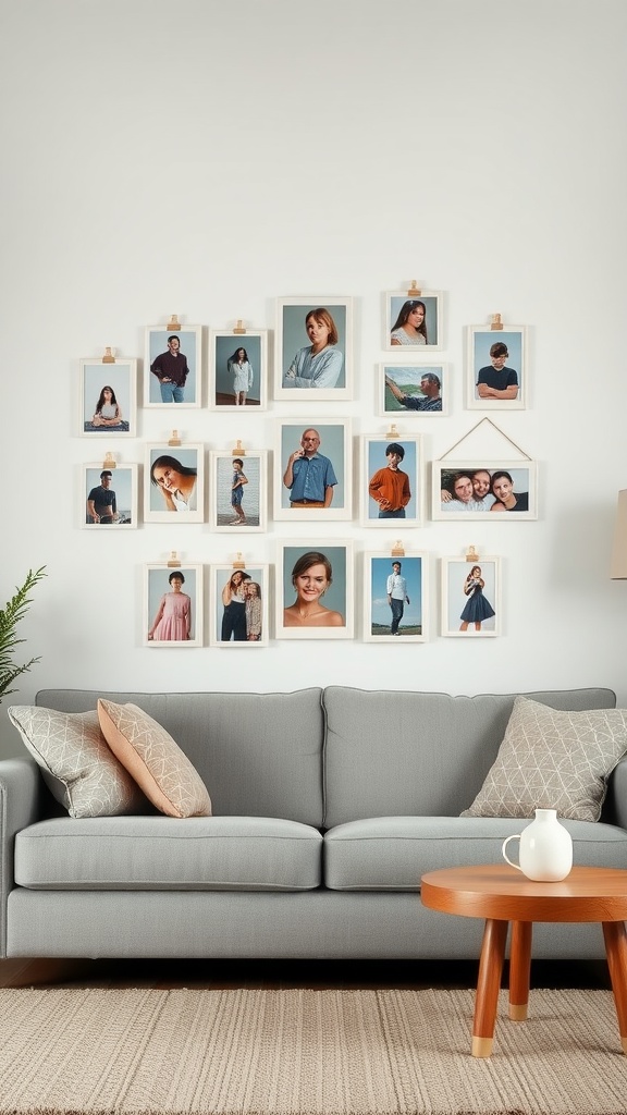 A modern boho living room with a personalized photo display above a gray sofa.