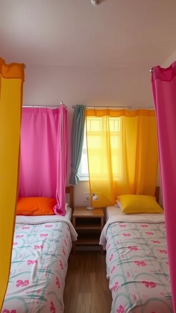 A shared bedroom with two beds separated by colorful privacy curtains in pink and yellow.