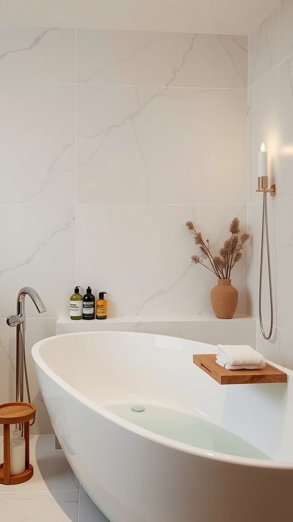 A modern ensuite bathroom featuring a white bathtub, wooden tray, and natural decor.