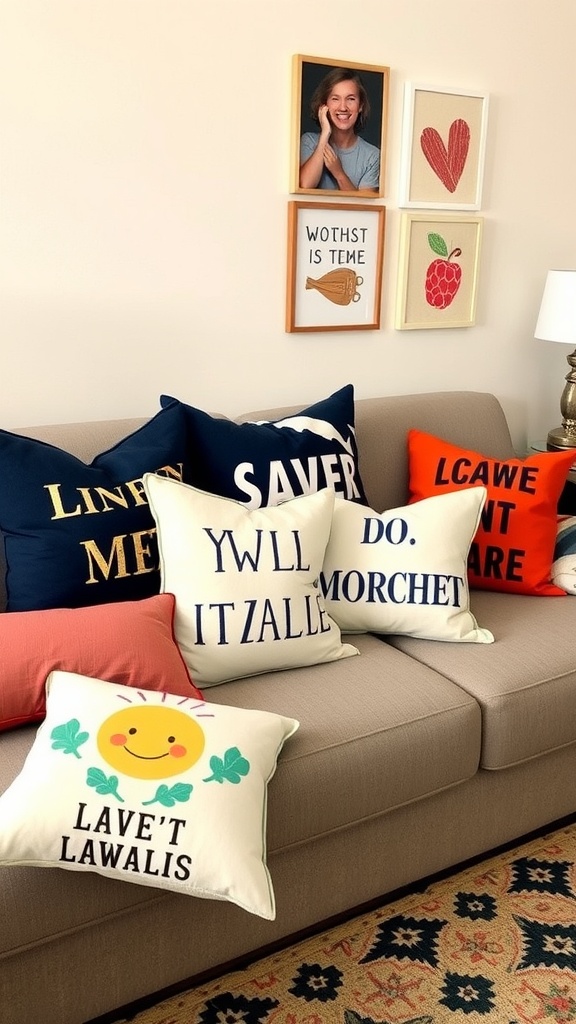 A couch with various personalized throw pillows featuring playful phrases and designs.