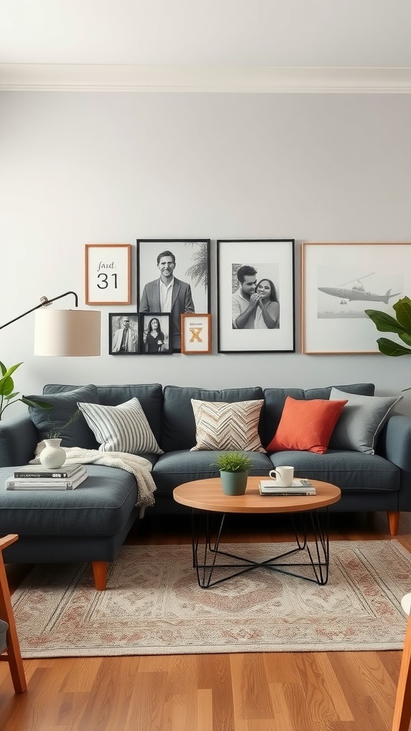 A cozy living room featuring a dark gray couch with colorful cushions, a coffee table, and framed photos on the wall.