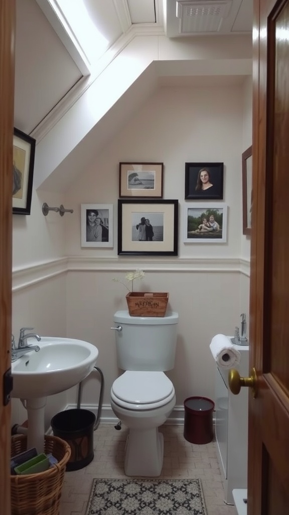 A small bathroom with slanted ceiling featuring framed photos on the wall, a toilet, sink, and decorative elements.