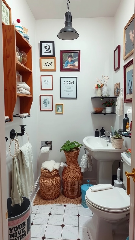 A small bathroom decorated with personal pictures, shelves, and plants.