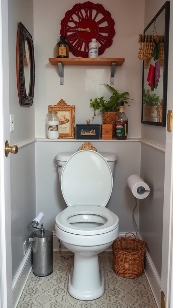 A small, nicely decorated downstairs toilet with a red clock, shelves with decor, and plants.