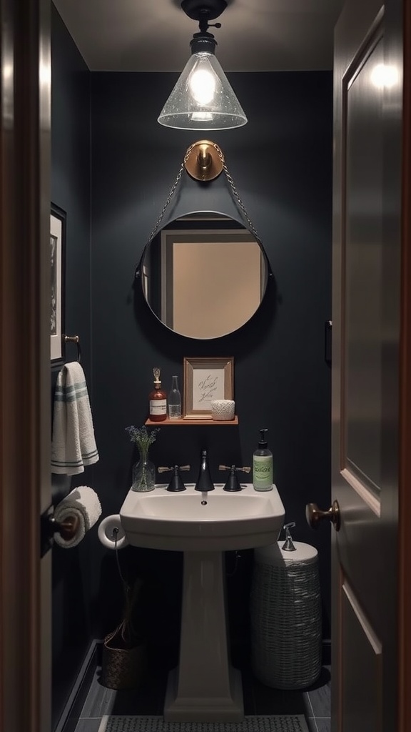 A cozy small dark bathroom with a stylish pendant light, round mirror, and decorative touches.