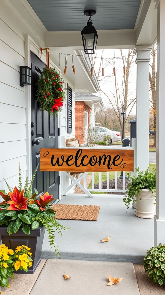 A cozy front porch with a personalized welcome sign, vibrant flowers, and a festive wreath.