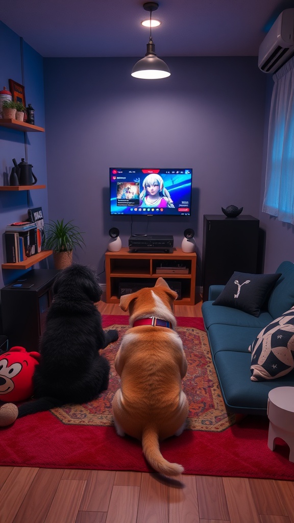 A cozy gaming area with two dogs sitting on a rug, watching a TV screen, showcasing a blend of pet-friendly design and gaming setup.