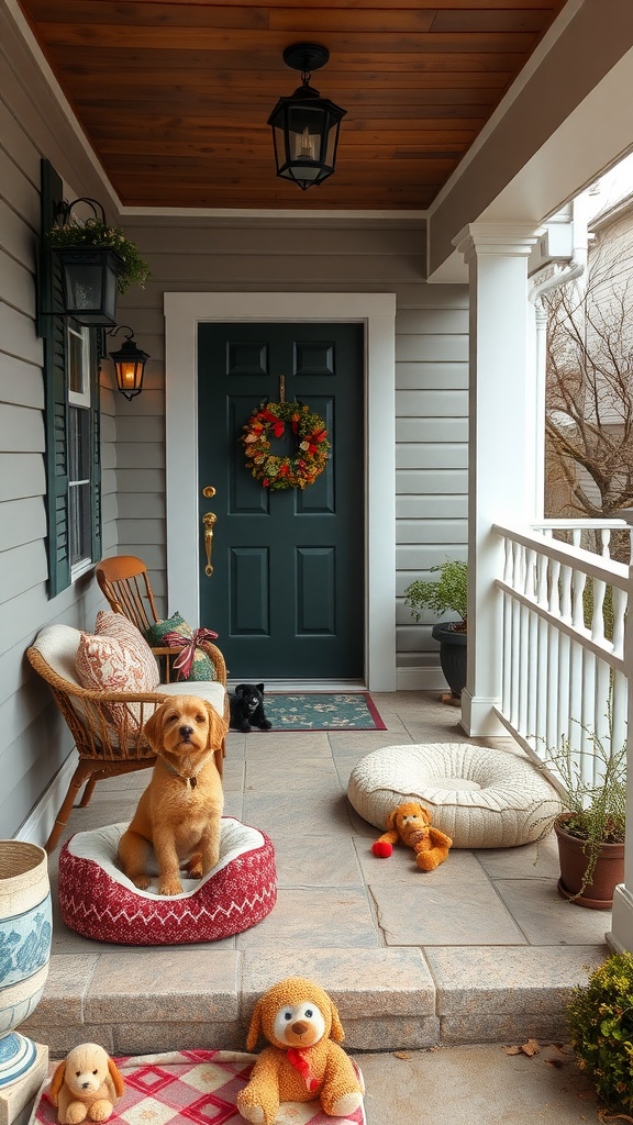 A cozy front porch featuring a dog lounging on a pet bed, surrounded by plush toys, with a welcoming front door and decorative plants.