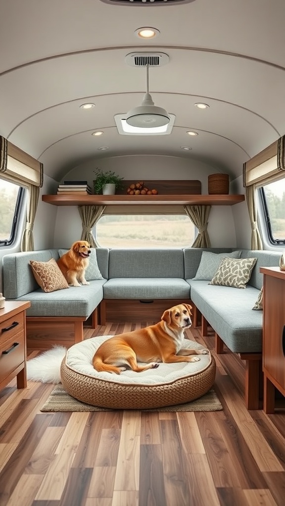 Cozy pet-friendly living room in a trailer house with dogs resting on a dog bed and a couch.