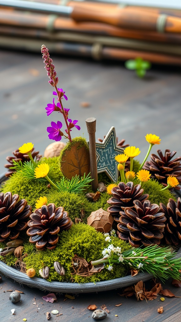 A rustic centerpiece featuring pinecones and moss with colorful flowers.