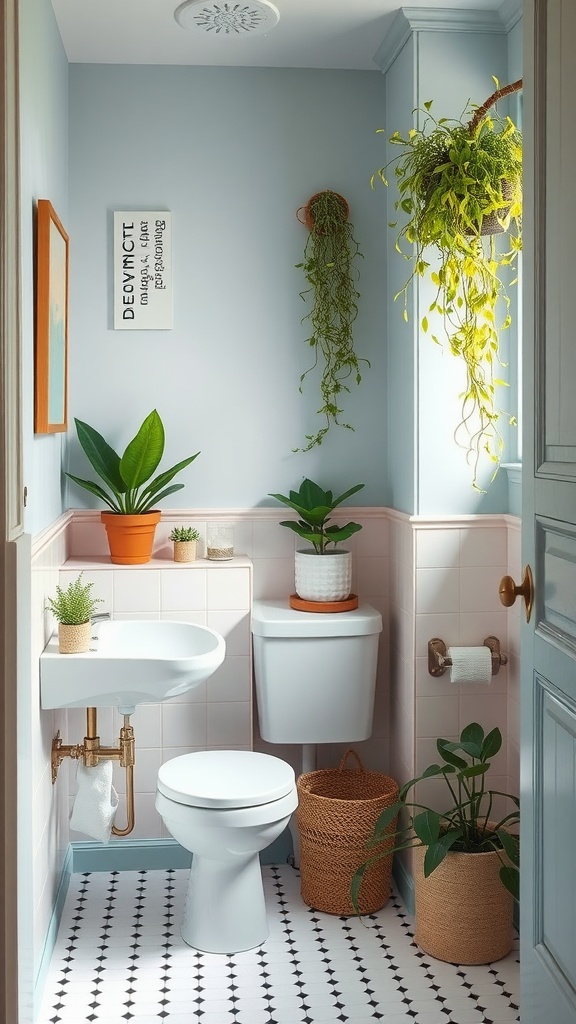 Small bathroom with various plants and a fresh decor style