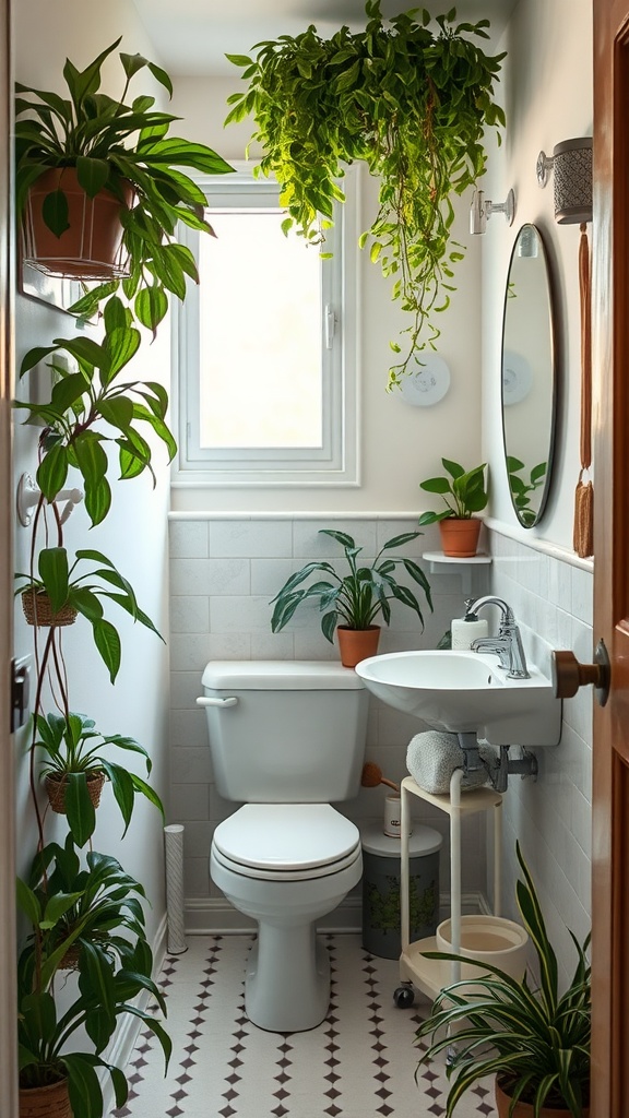 A small bathroom filled with various green plants, including a hanging plant, showcasing a bright and inviting atmosphere.