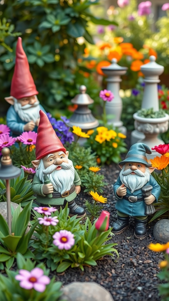 Colorful garden scene with playful gnomes and vibrant flowers