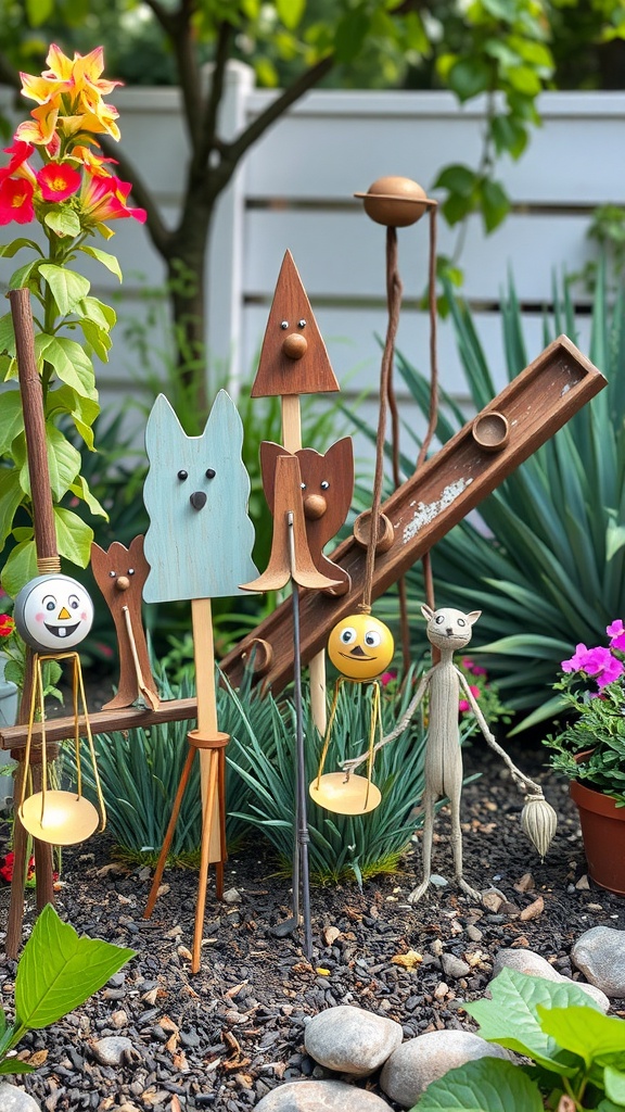 A variety of playful garden sculptures including animals and whimsical figures among flowers and rocks.