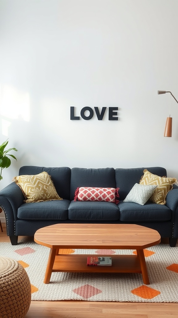 A dark gray couch decorated with colorful patterned pillows in a living room setting.