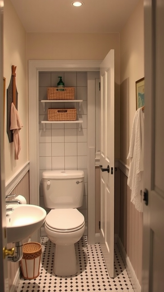 Small bathroom featuring a pocket door and space-efficient layout