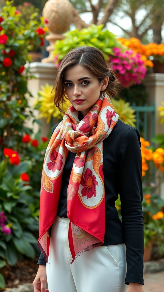 A model wearing a vibrant printed scarf in a garden setting