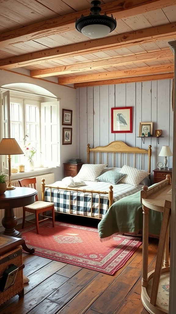 A cozy farmhouse bedroom with wooden beams, a checkered bedspread, vintage artwork, and warm wooden flooring.