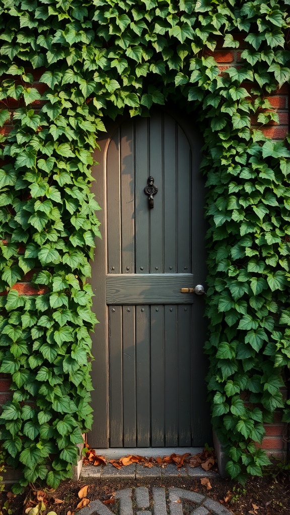 A quaint door covered in ivy, leading to a mysterious garden.