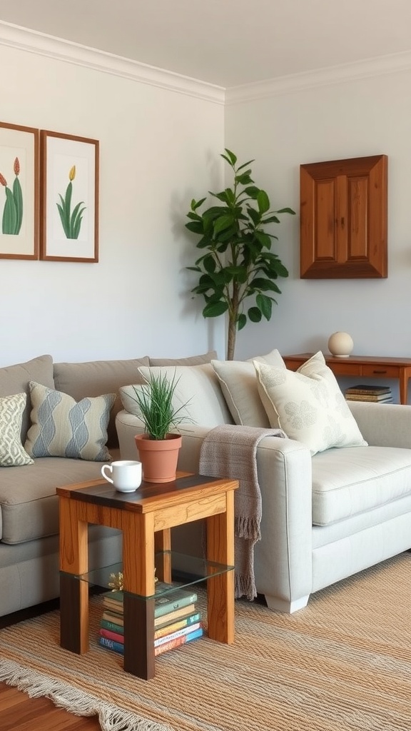 A cozy cottagecore living room with a wooden side table, potted plant, and soft furnishings