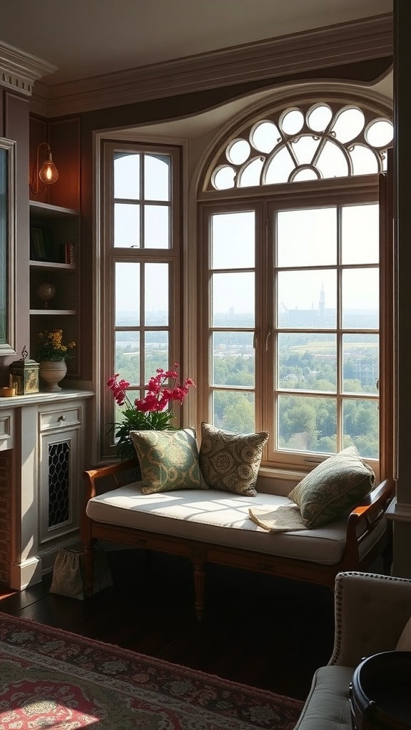 A cozy window seat in an old English living room with large windows and a view of greenery.