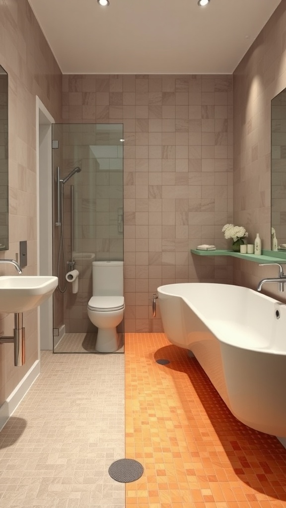 Modern bathroom featuring radiant floor heating with orange tiled flooring.