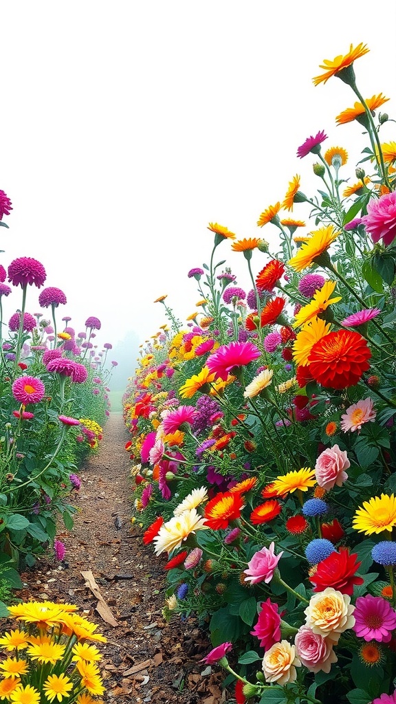 A colorful garden path lined with various flowers in shades of pink, yellow, and purple