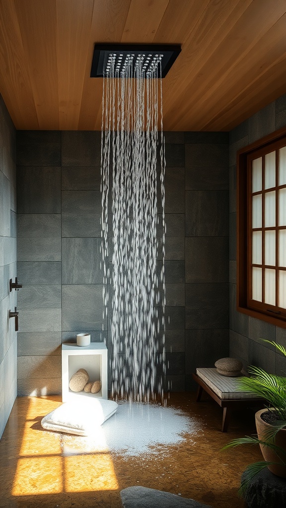 A modern bathroom featuring a rainfall shower head, wooden ceiling, gray stone walls, and natural decor elements.