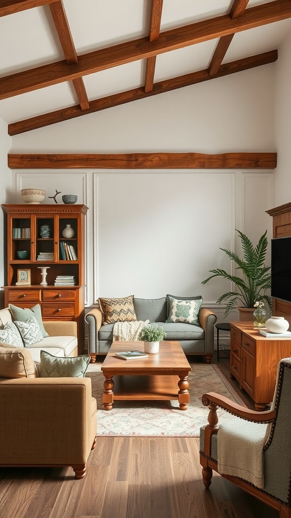 A cozy living room featuring reclaimed wood furniture, including a coffee table, bookshelves, and comfortable sofas.