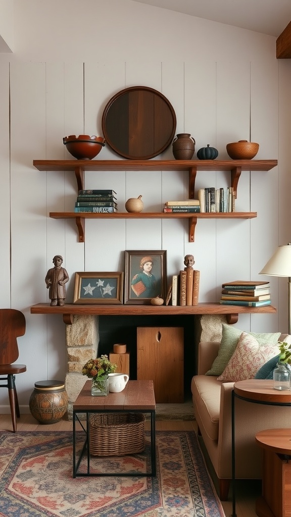 A cozy living room with reclaimed wood shelving displaying pottery, books, and framed pictures.