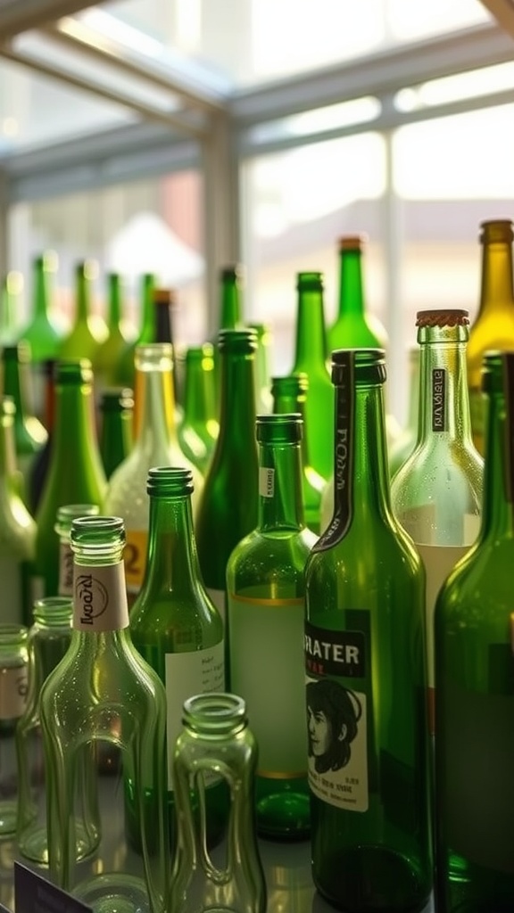 A collection of green and clear glass bottles of various shapes and sizes.