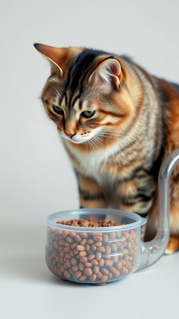 A cat looking at a homemade cat feeder made from a plastic bottle filled with cat food.