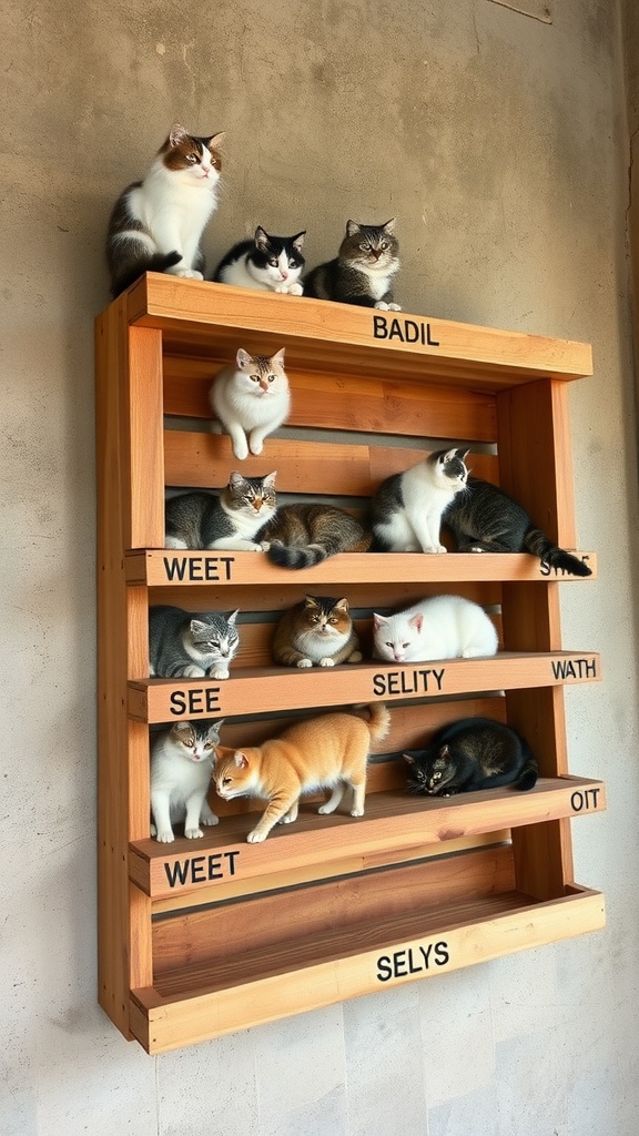 A multi-level wooden pallet cat shelf with several cats lounging on different levels.