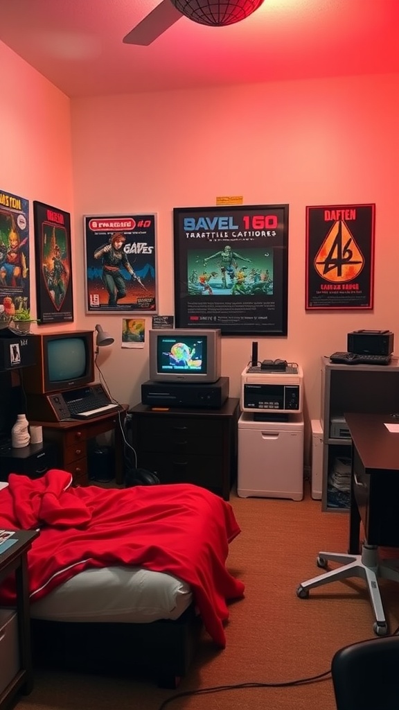 A cozy retro gaming bedroom with vintage game posters, a classic monitor, and a red blanket