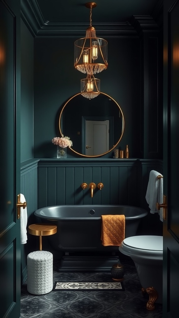 An elegant bathroom featuring rich emerald green walls, gold accents, and a stylish light fixture.