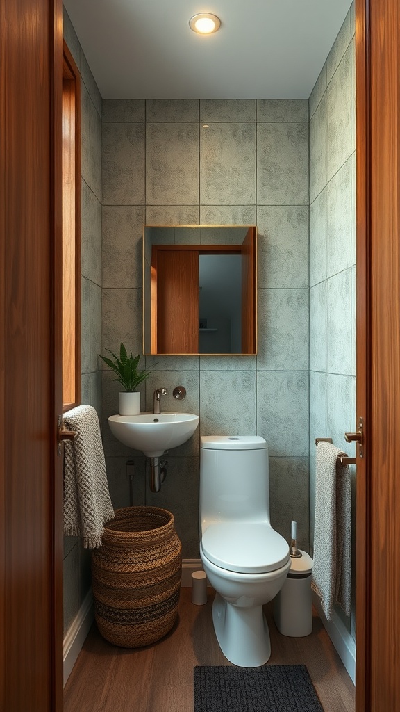 A small minimalist bathroom featuring textured gray tiles, wooden accents, and natural decor.