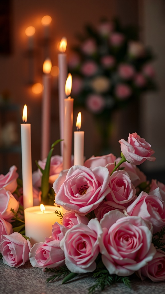 A romantic candlelit floral arrangement featuring pink roses and lit candles