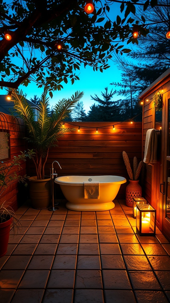 A cozy outdoor bathroom featuring a freestanding tub, warm string lights, and plants under a twilight sky.