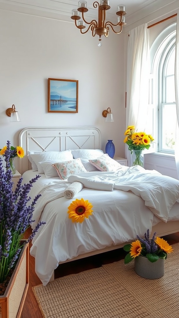 A romantic bedroom with sunflowers and lavender, featuring a white bed and chandelier.