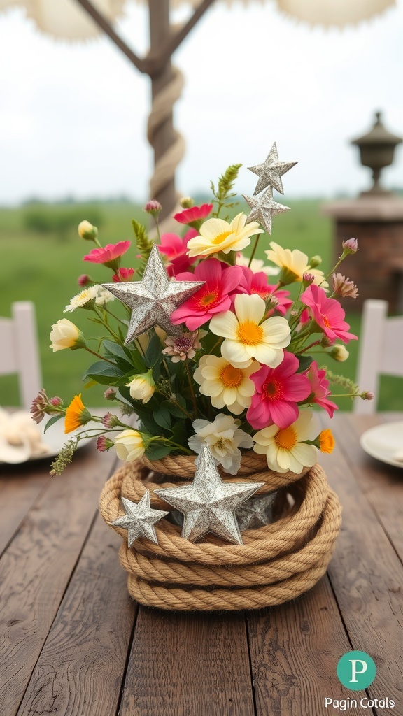 A centerpiece featuring flowers in a rope base with silver star accents.