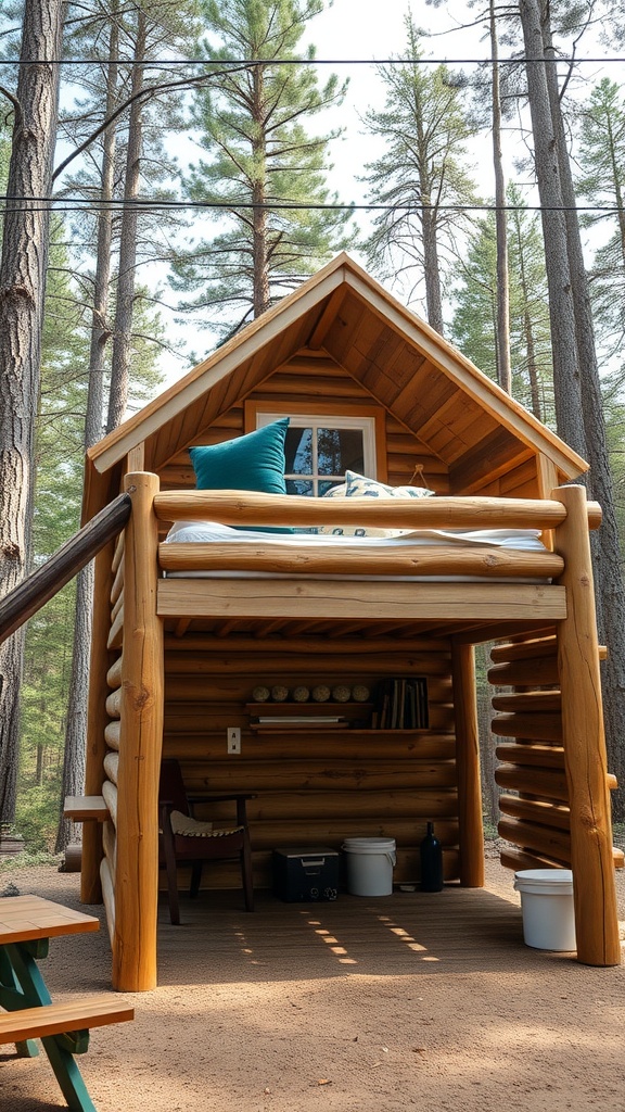 Rustic cabin loft bed surrounded by trees with a cozy space underneath.